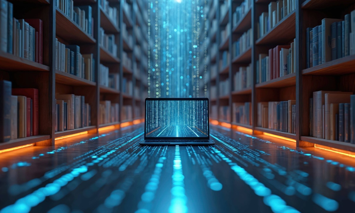 Open laptop on a library floor between bookshelves, with digital data streams displayed on the screen and projected onto the floor, symbolising the connection between technology and knowledge.