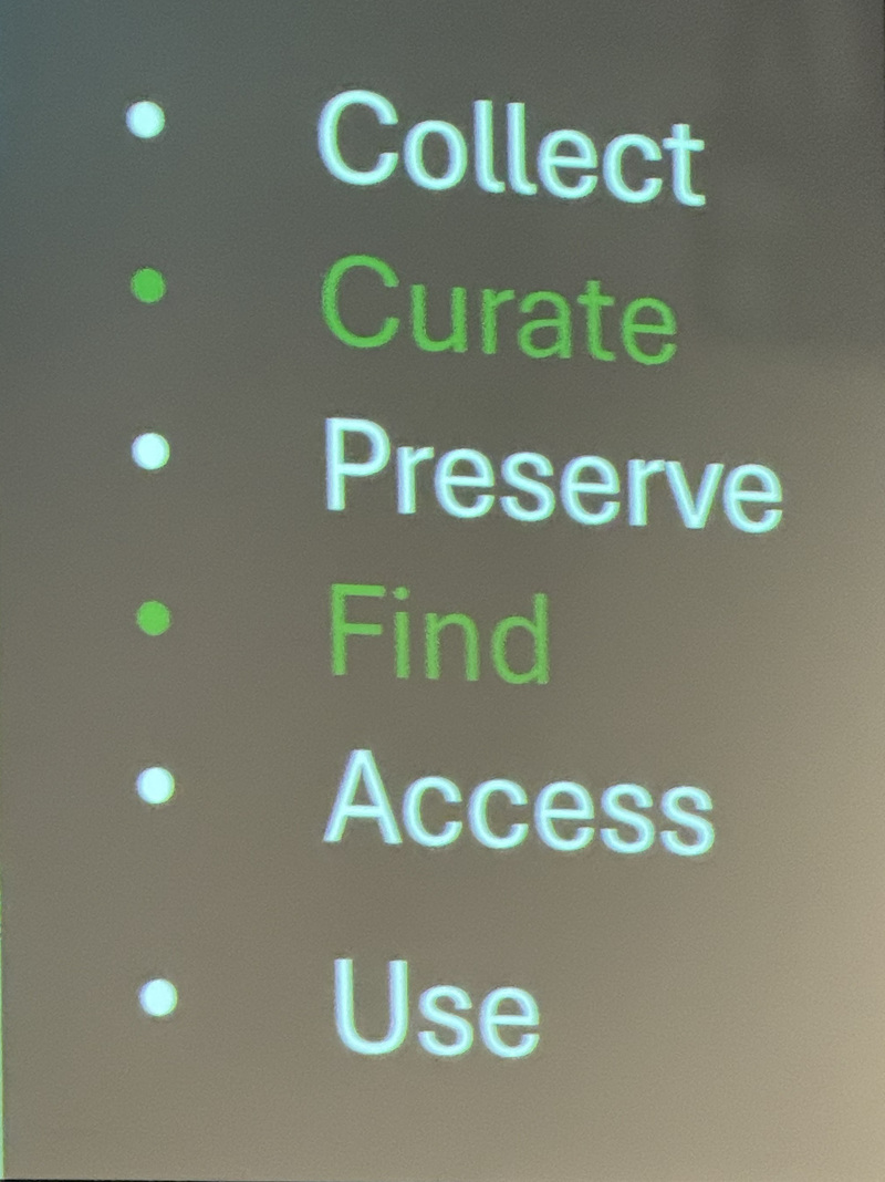 Slide showing library functions: collect, curate, preserve, find, access, and use, with part of a library building visible on the left.