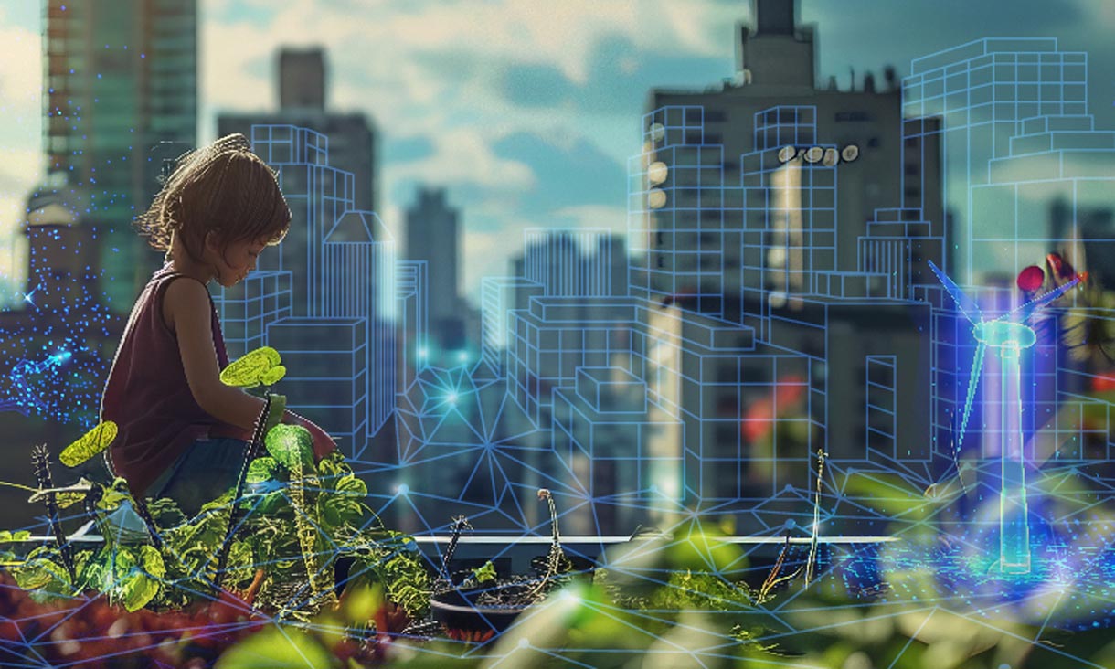 Girl sitting in garden surrounded by holograms