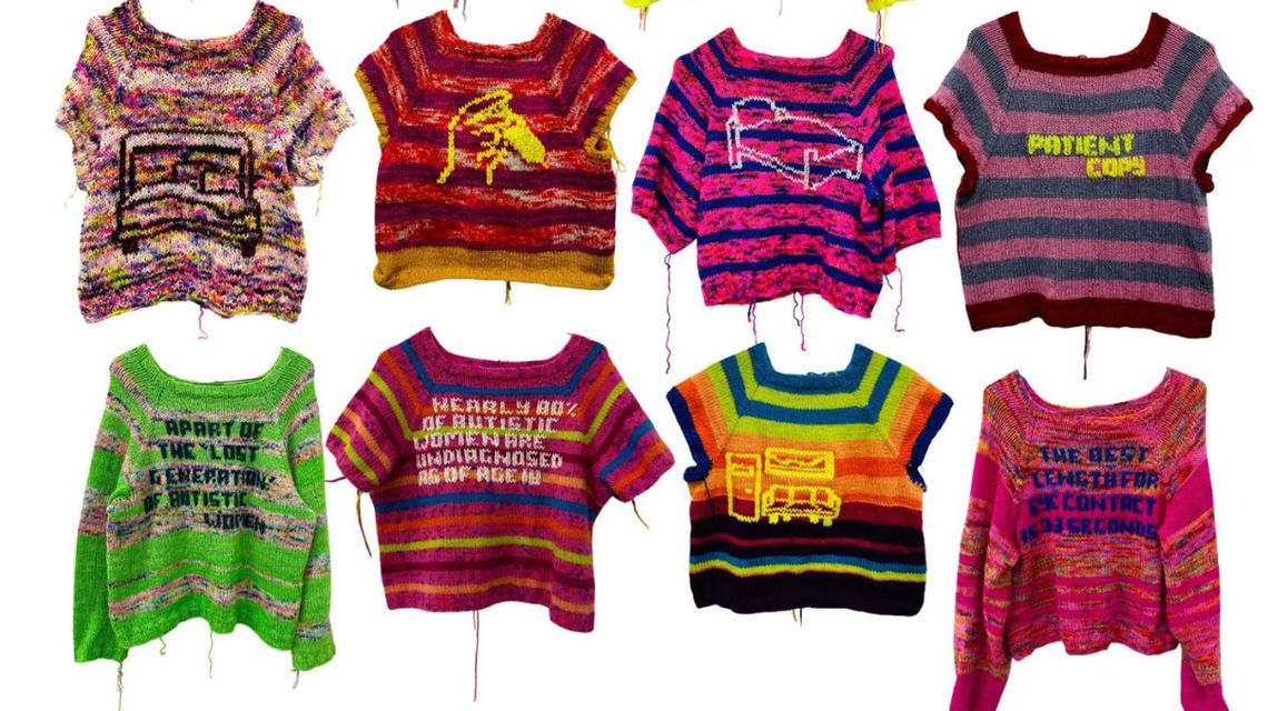 Eight colourful knitted sweaters are displayed, each featuring unique patterns, text, or graphics. Designs include stylised hands, vehicles, and bold phrases, highlighting creativity and diverse artistic expression.
