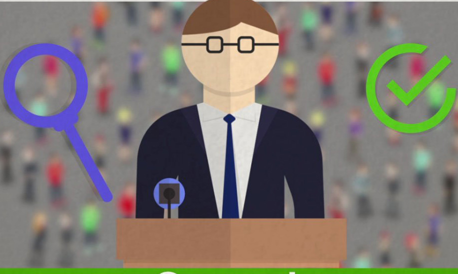 Illustration of politician behind speech podium, with search and green tick icons on either side