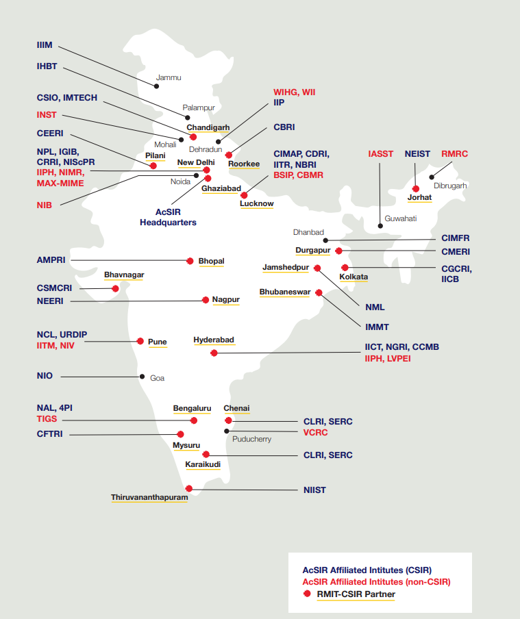 Map of India with RMIT CSIR partners labelled