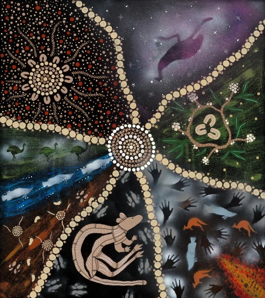 Aboriginal artwork featuring a central dot-pattern circle dividing the canvas into sections with native animals, handprints, plants, water, and starry sky, reflecting cultural and environmental connections.