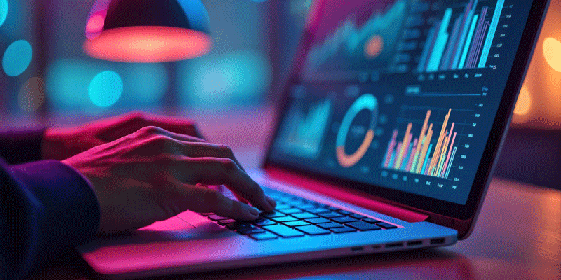 Person types on laptop keyboard near graphs, charts. Data analysis, financial planning, statistics, digital marketing, campaign optimization, measurement, business strategy concepts on neon vivid