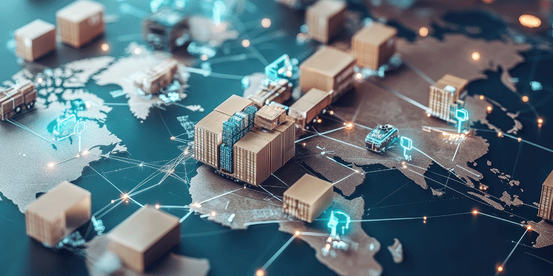 Logistics network flat design side view global supply chain theme 3D render