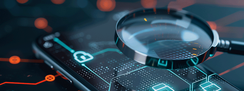 Magnifying glass on phone with digital links showing secure auditing.
