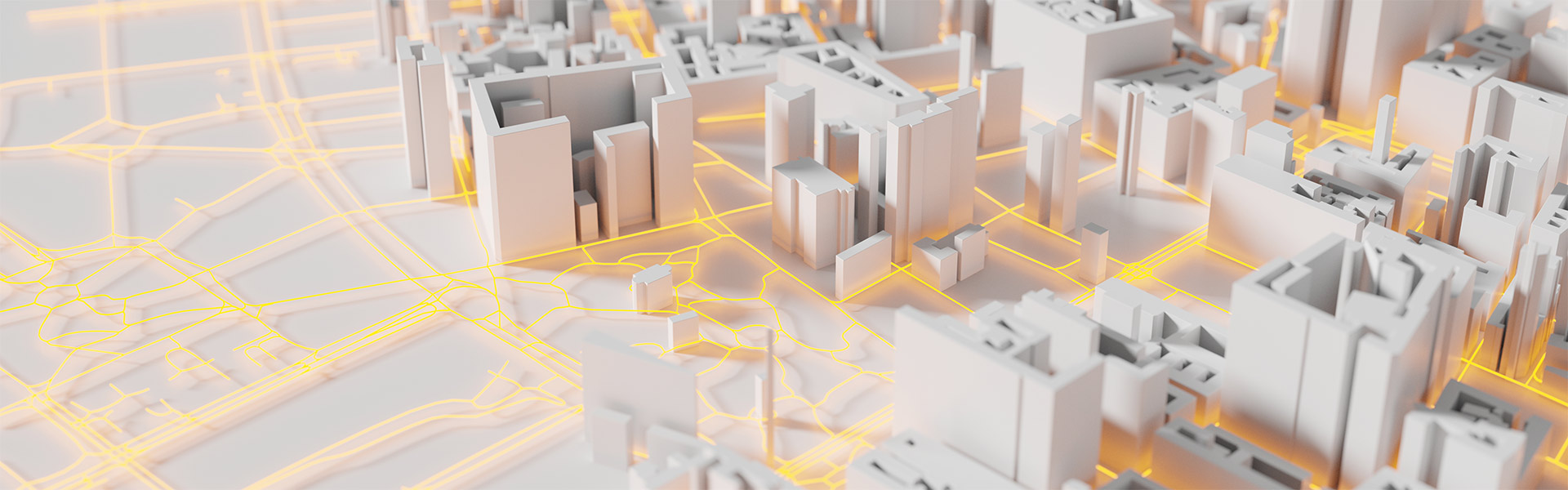 white models of buildings with golden data streams 