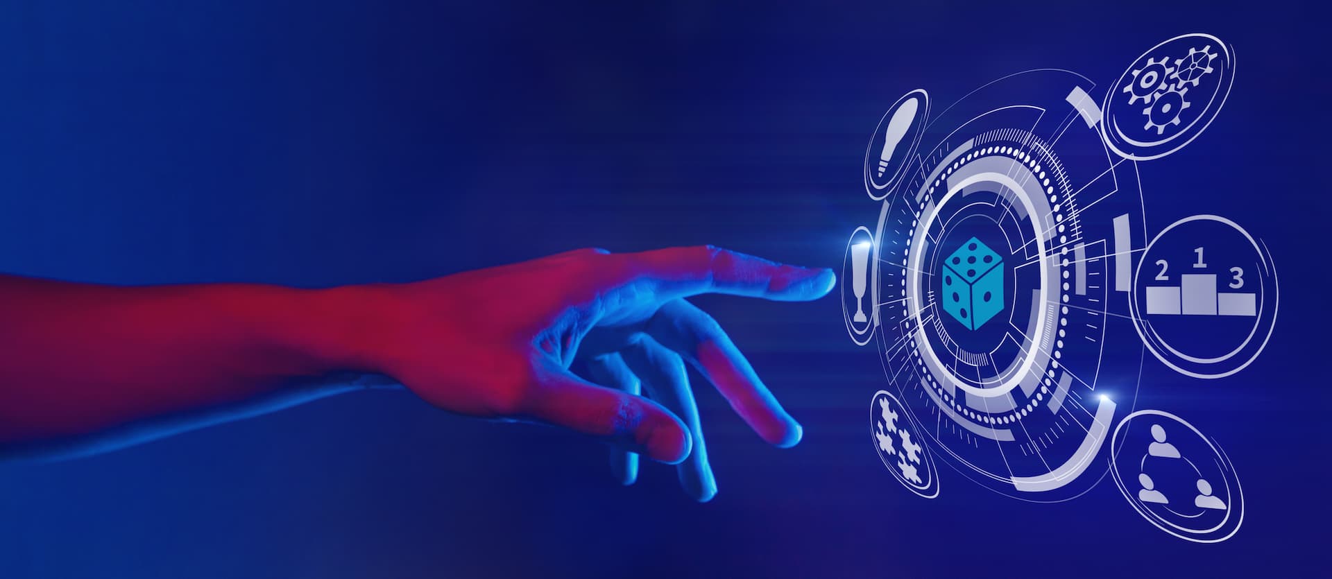 gamification and gaming technology illustration in neon style, hand touching dice icon