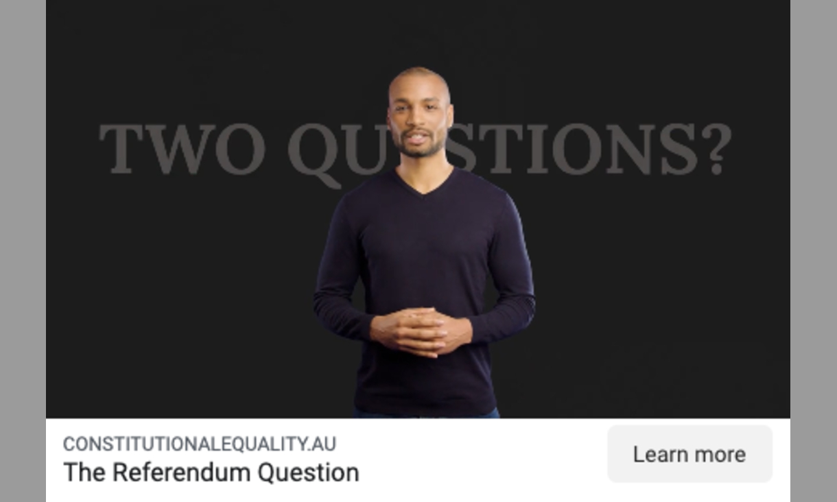 An man in black top stands in front of the words "Two questions?", with the site address constitutionalequality.au