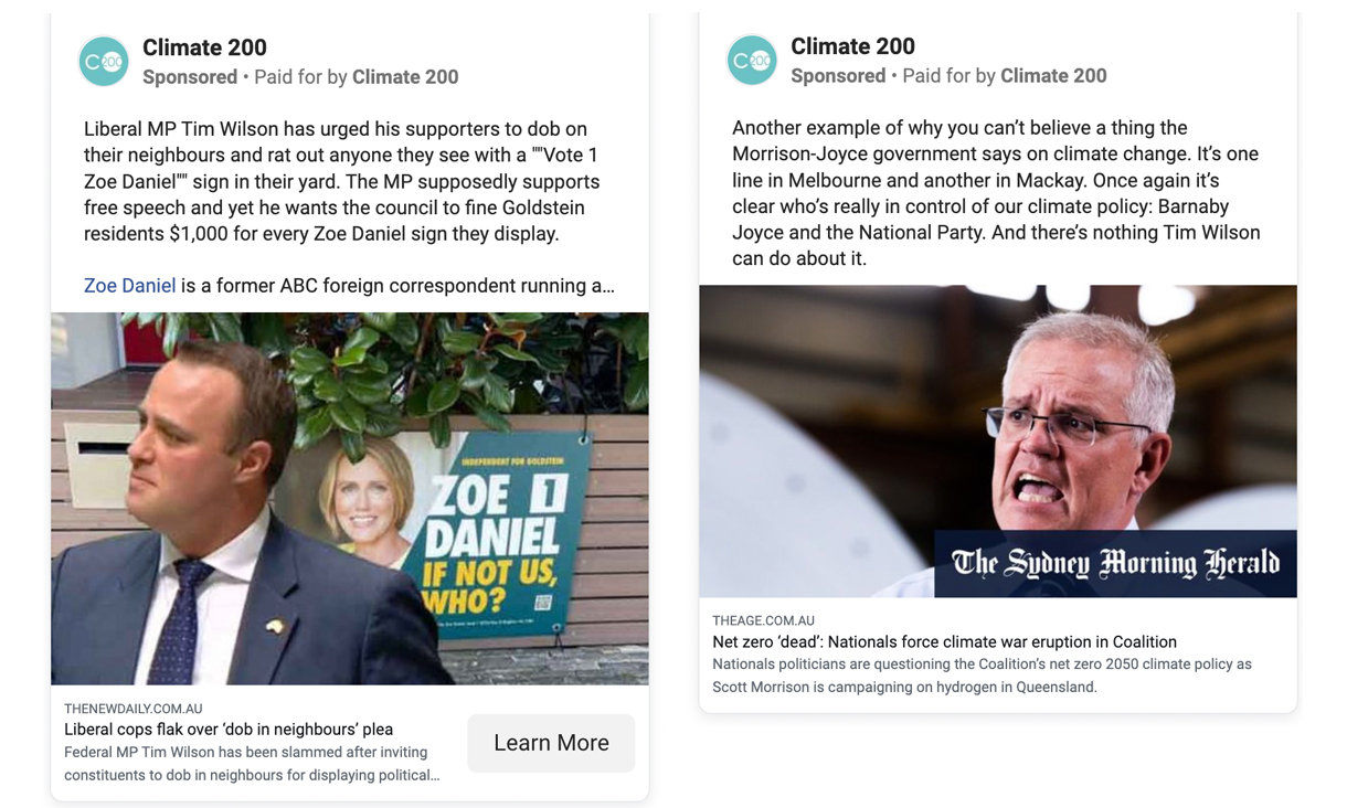 Screenshots of two ads, one featuring Tim Wilson and the other Scott Morrison.