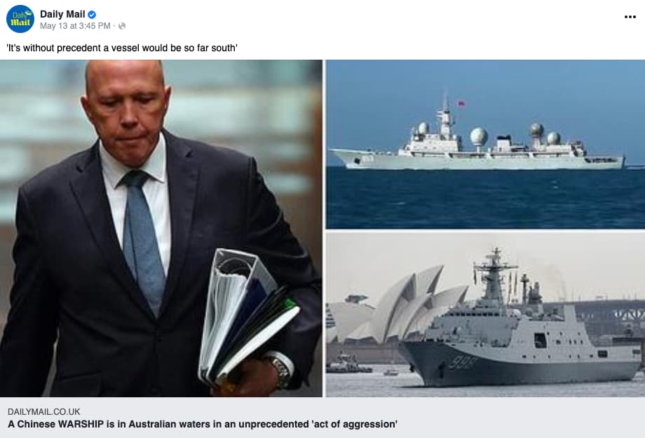 Daily Mail Facebook post with pictures of Peter Dutton, Chinese spy ship Haiwangxing and a Chinese ship in Sydney Harbour