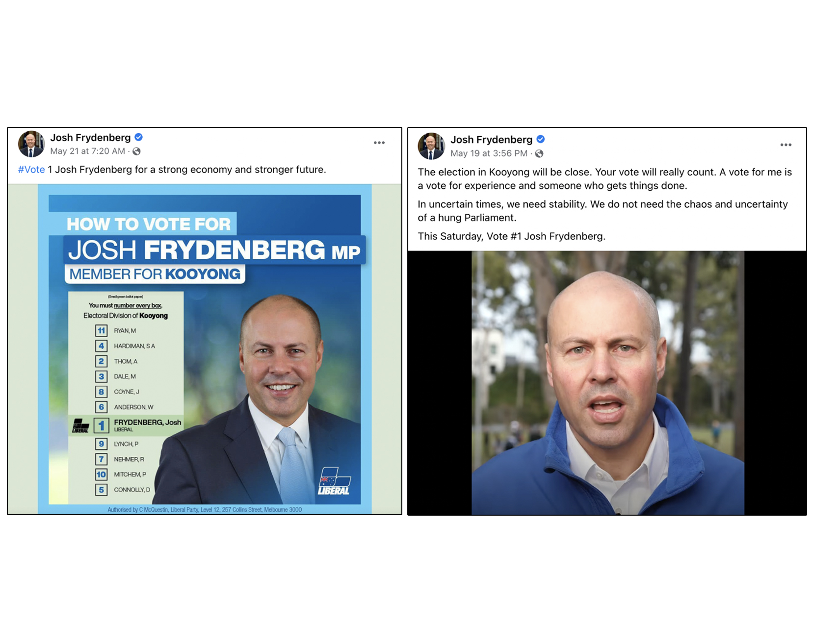 Two screenshots of Facebook by Josh Frydenberg and featuring photos of him.