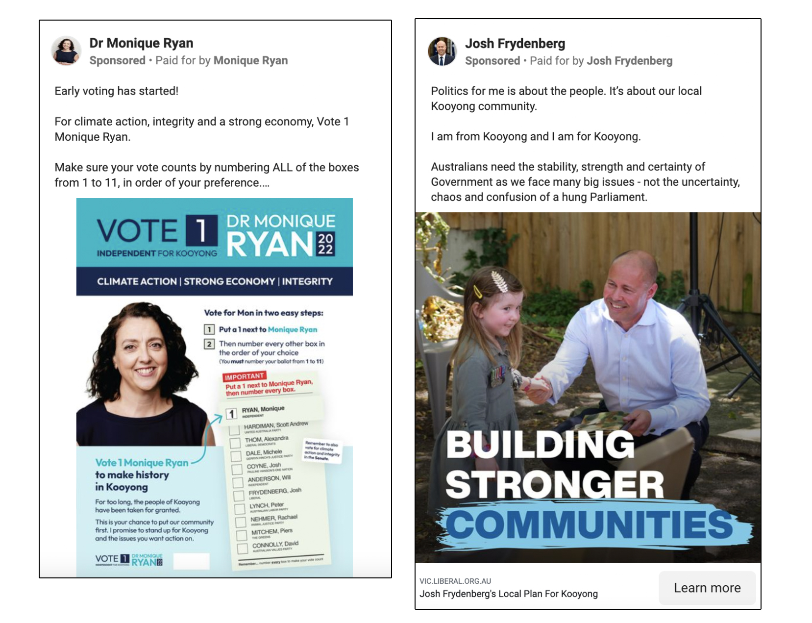 Two screenshots of Facebook ads by Monique Ryan (left) and Josh Frydenberg (right). Each features a picture of them