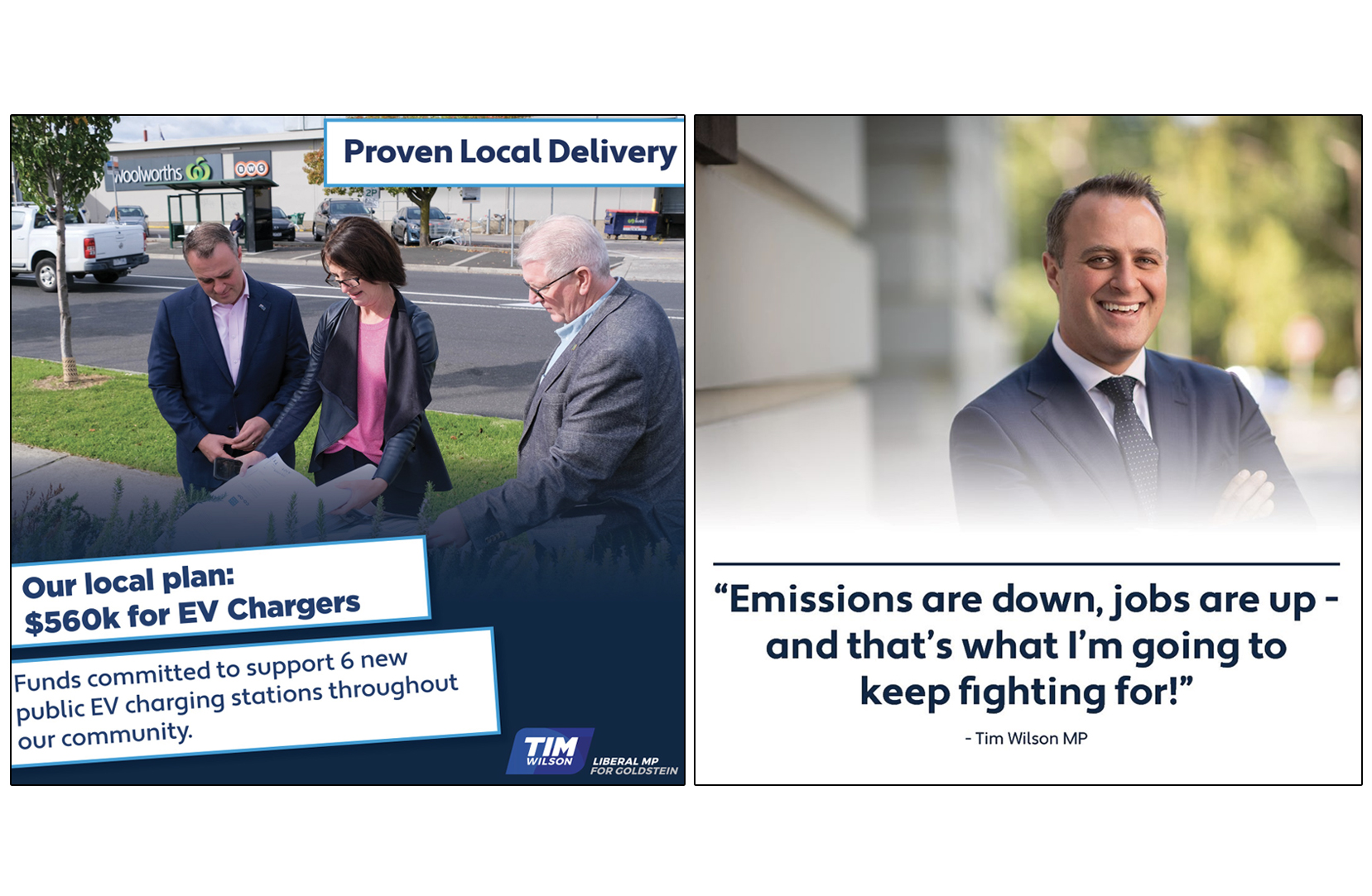 Screenshots of two graphics used in the Tim Wilson campaign. One shows him talking to a voter. In the other, he is smiling at the camera.
