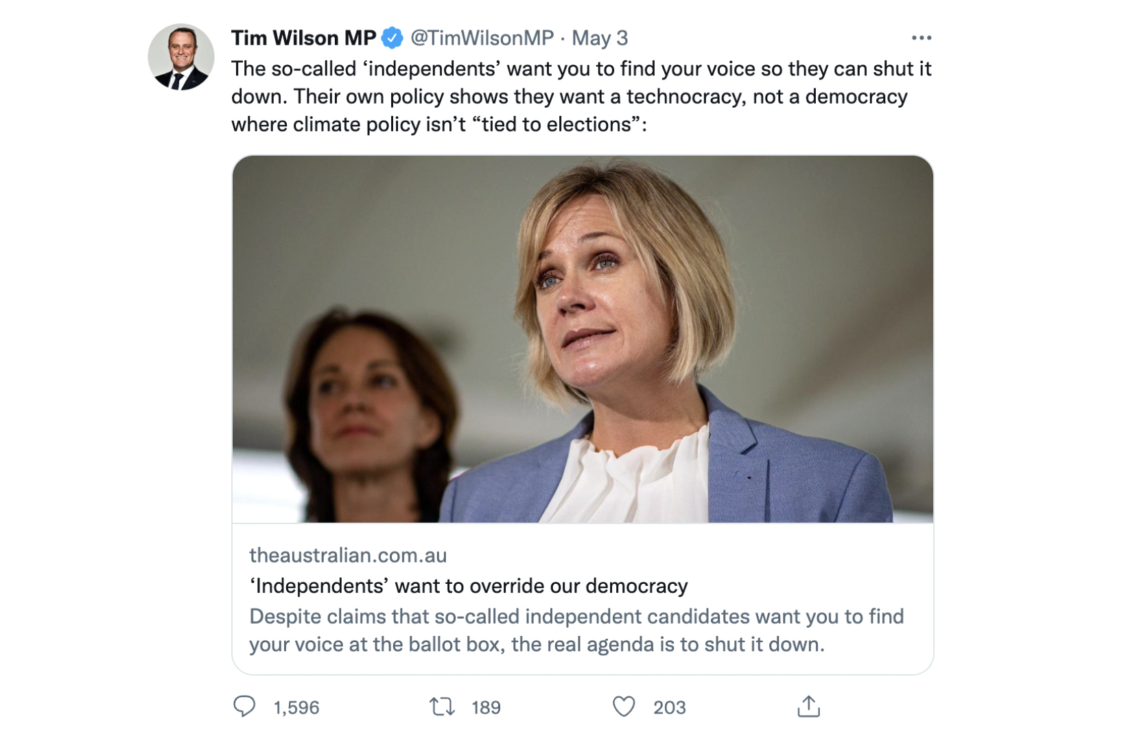 A screenshot of a Twitter post from Tim Wilson's account. It includes a link to image about Zali Steggall, who is pictured.