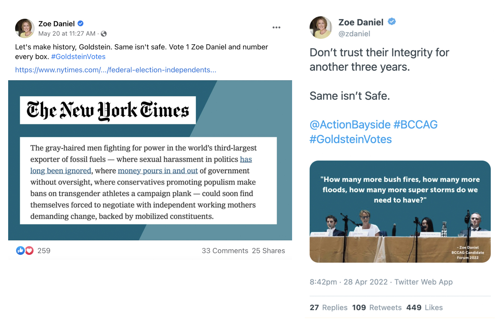 Screenshots of two Facebook posts from Zoe Daniel's page. One includes a graphic of text from a New York Times article. The other includes a picture of her and Tim Wilson at a Goldstein candidates fourm.