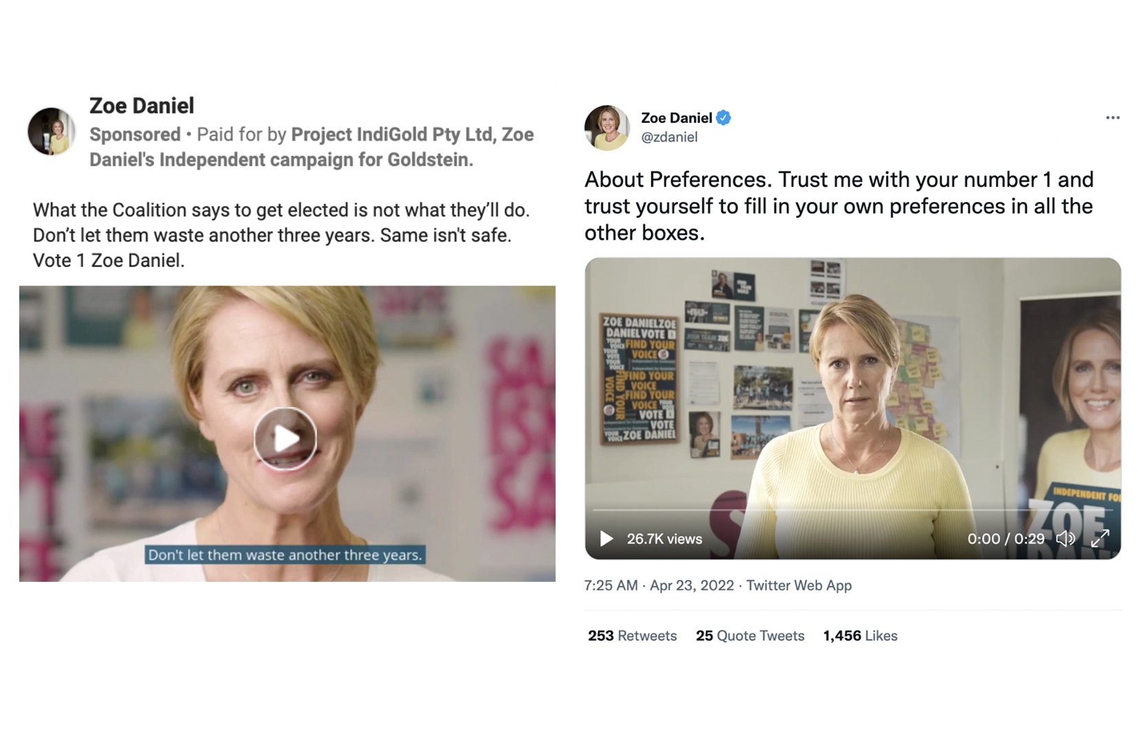 Screenshots of two Facebook posts. Both feature videos of Zoe Daniel.
