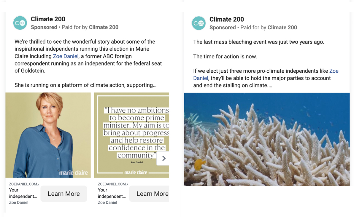 A screenshot of two ads, one featuring Zoe Daniel and the other bleached coral.