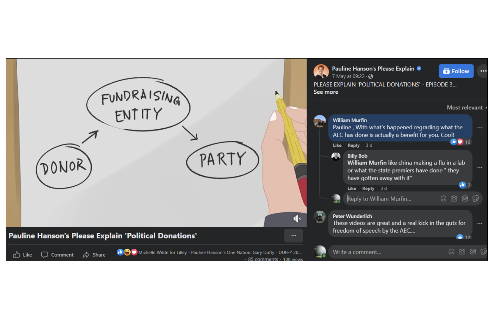 A screenshot showing a frame of the animation and comments on the Facebook post where it is playing.