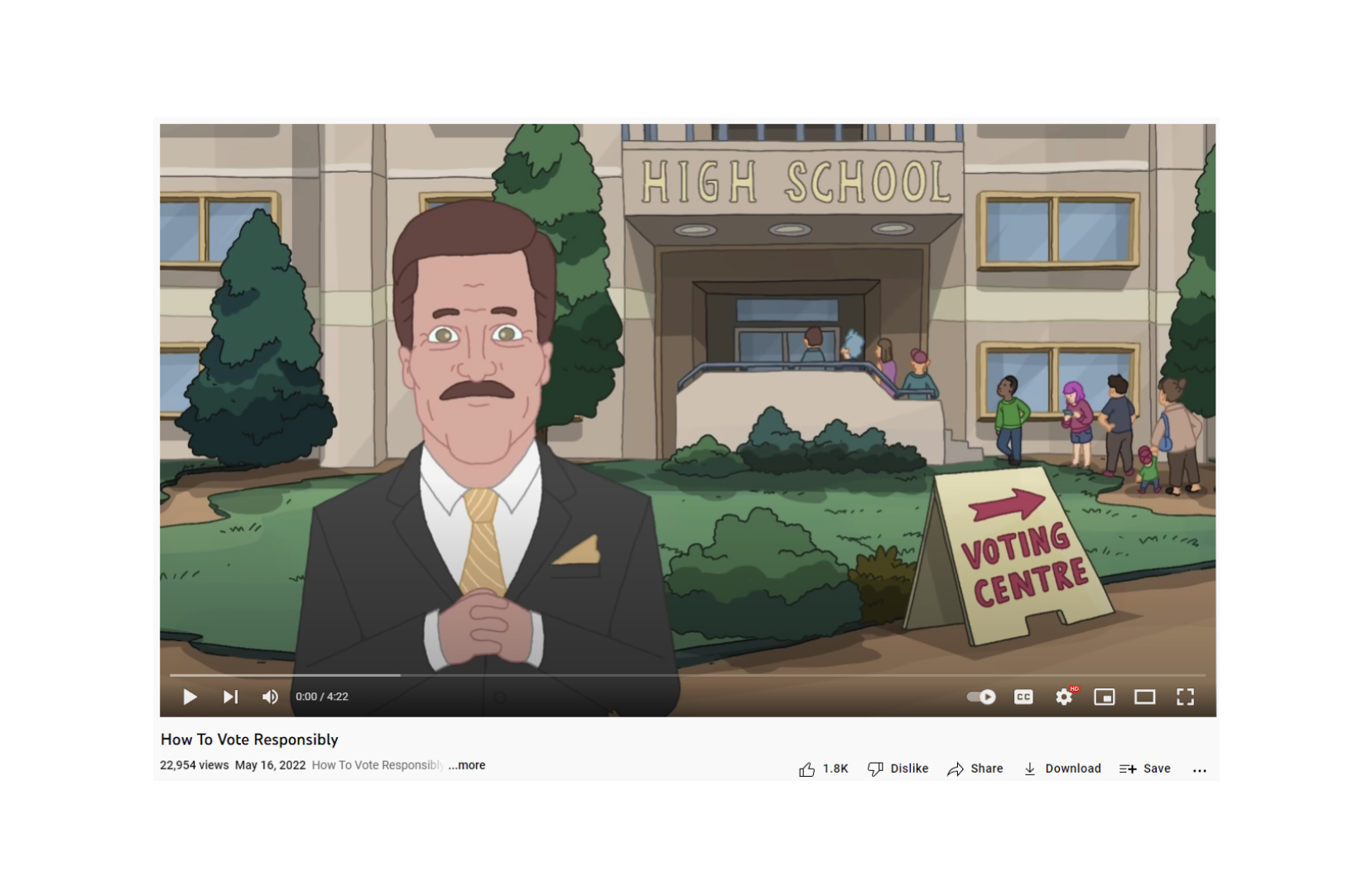 A frame of an animation showing the narrator outside a polling centre.
