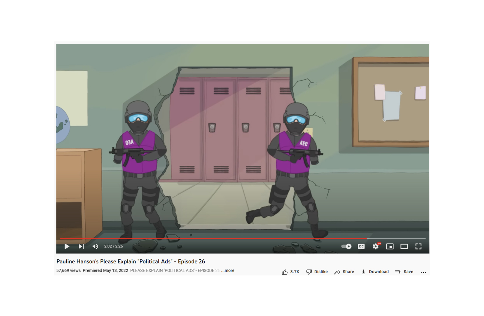 Screenshot of a frame of an animation showing two masked and armed people standing beside a wall with a hole in it.