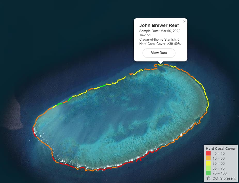 Blue aerial map image of John Brewer Reef