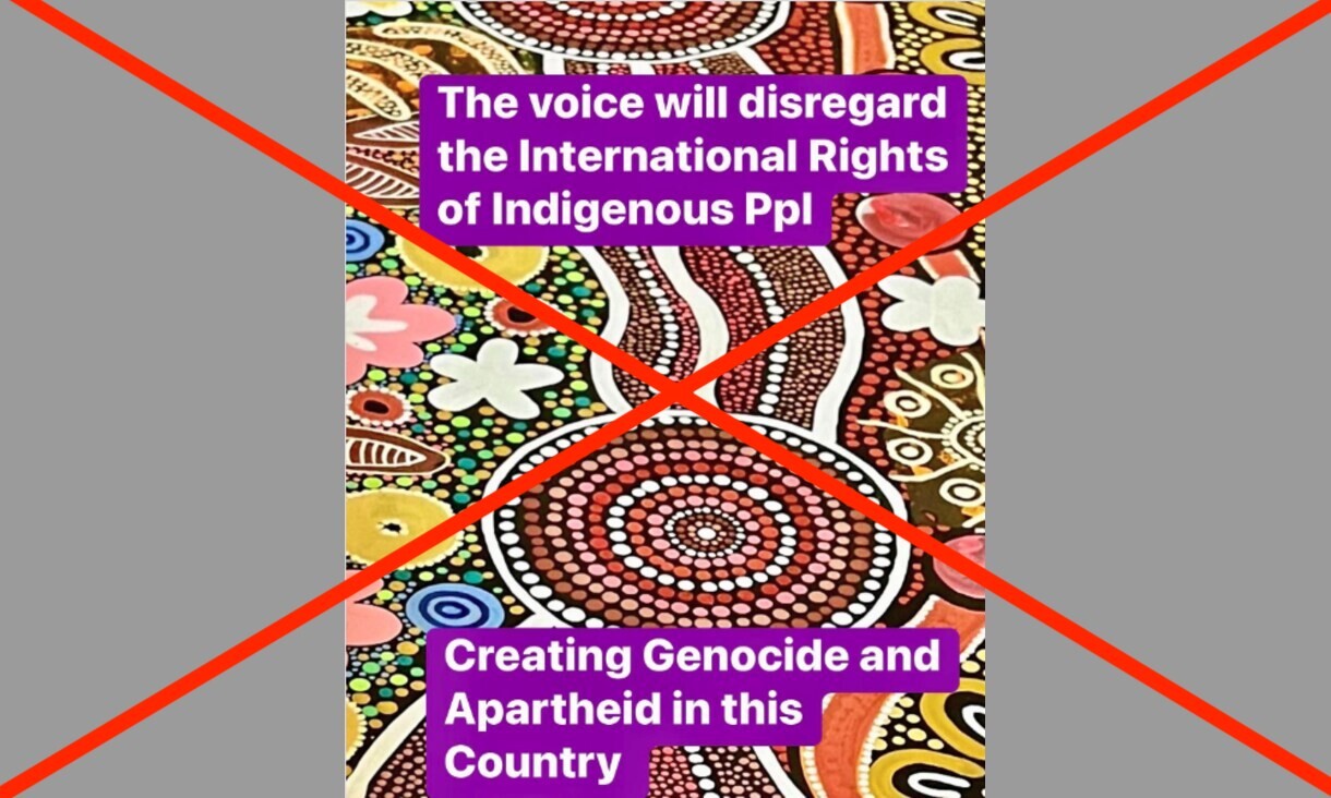 Instagram post image with text saying the Voice will create apartheid in Australia, with background os Aboriginal art