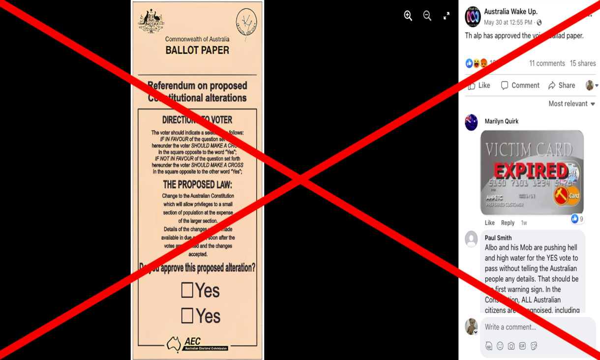 Facebook post shows pink fake ballot paper for Voice referendum