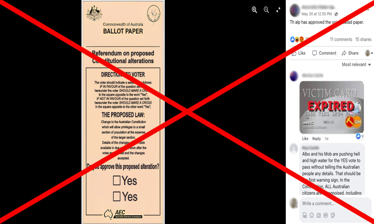 Facebook screenshot showing satirical pink ballot paper for Voice referendum