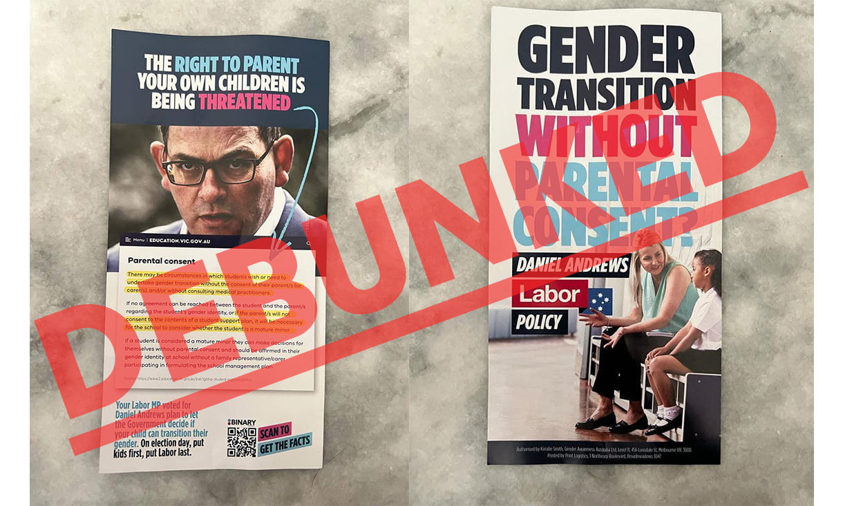 flyer with picture of woman and child. Text reads: Gender transition without parental consent? Daniel Andrews Labor Policy