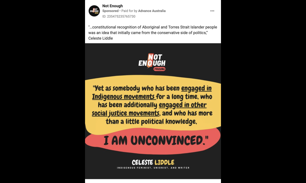 Facebook post with quote from Celeste Liddle on yellow and red background