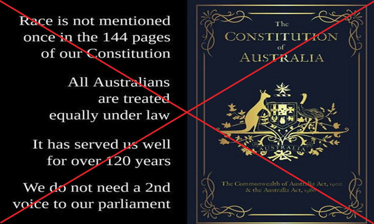 red cross through title page of Australian constitution used in Facebook post with false claim