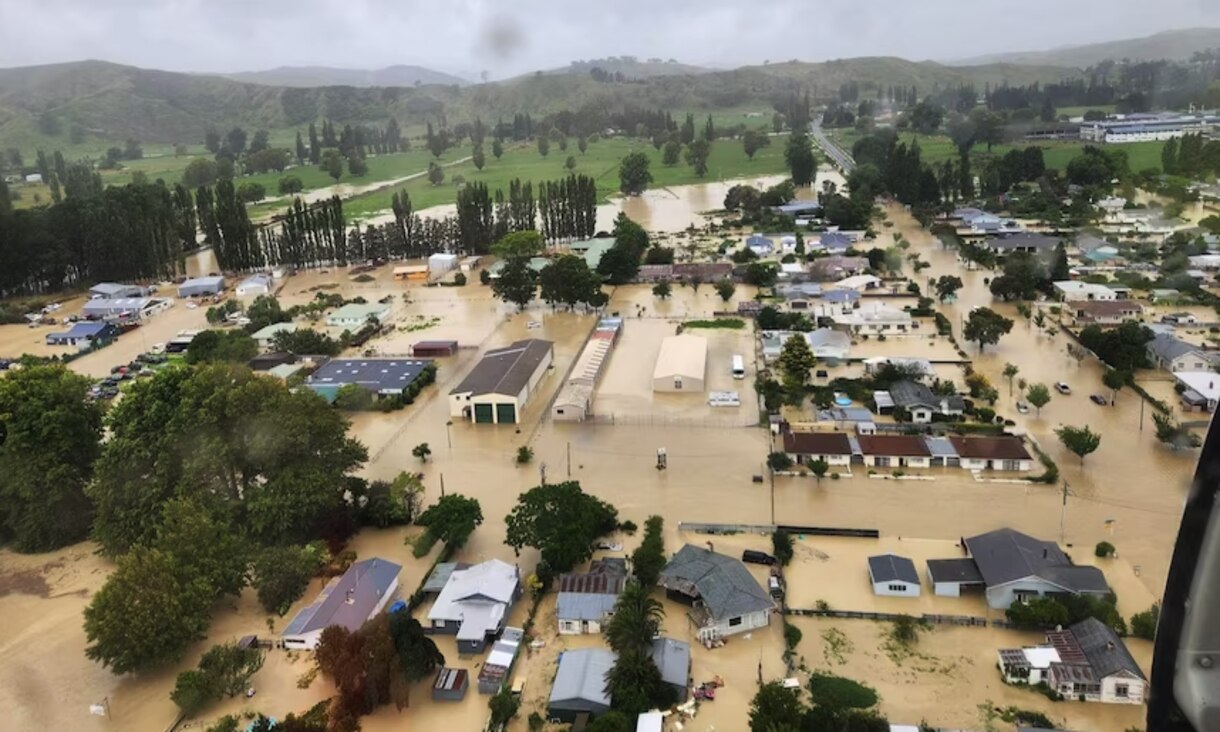 Roof tops amid flood waters in Wairoa, New Zealand