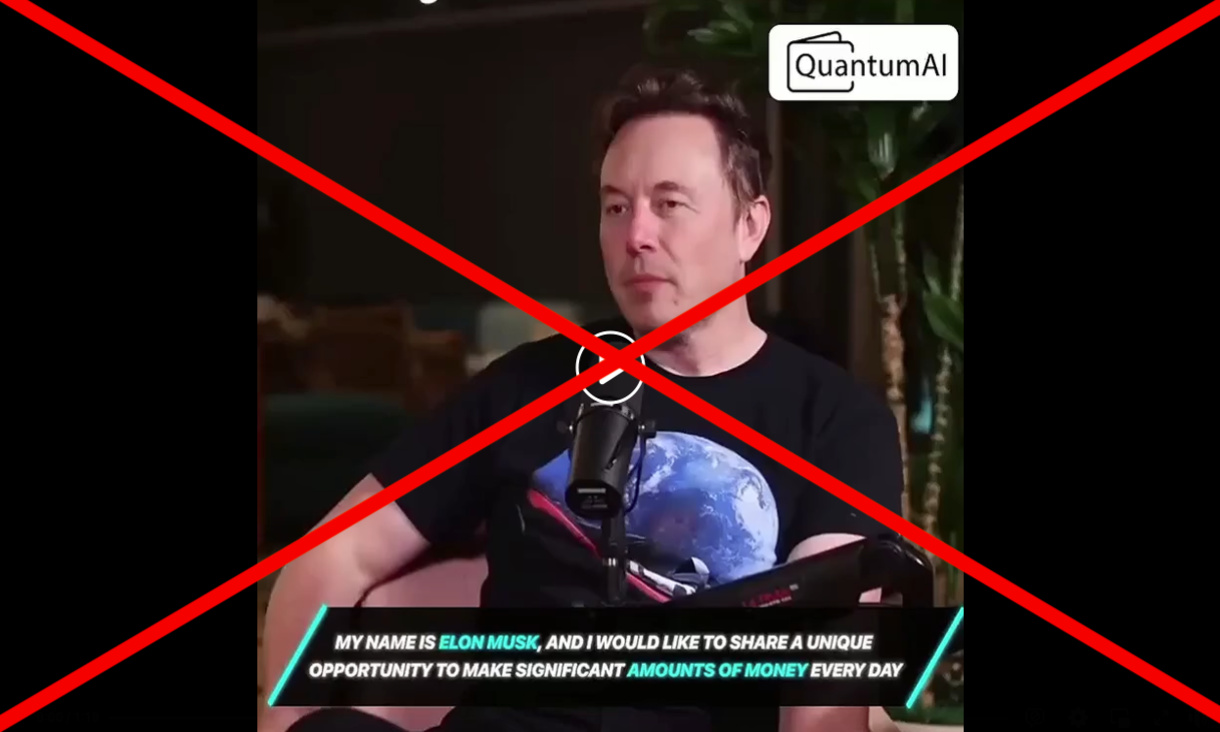 Elon Musk in black T shirt with caption and QuantamAI logo against black background