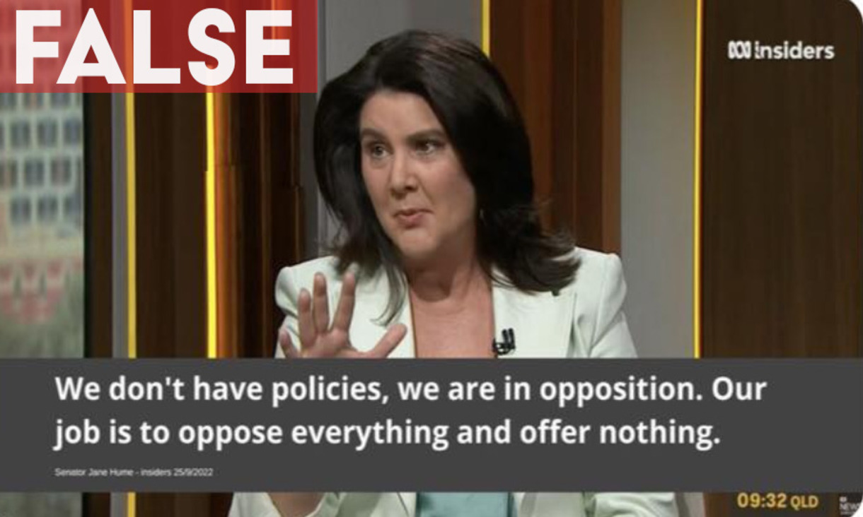 Senator Jane Hume on ABC's Insiders with false quote attributed to her