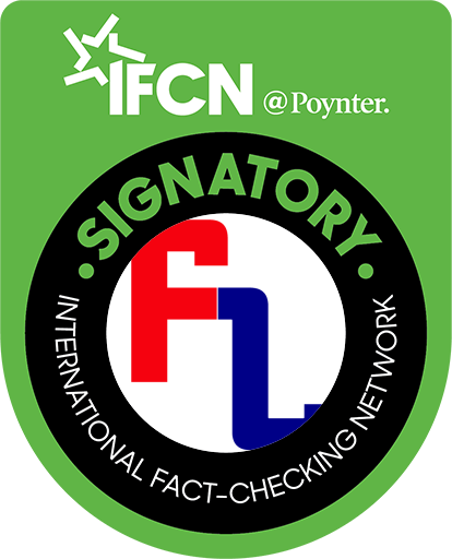 Logo of the IFCN, with Fact Check logo in a black cirlce that says Signatory