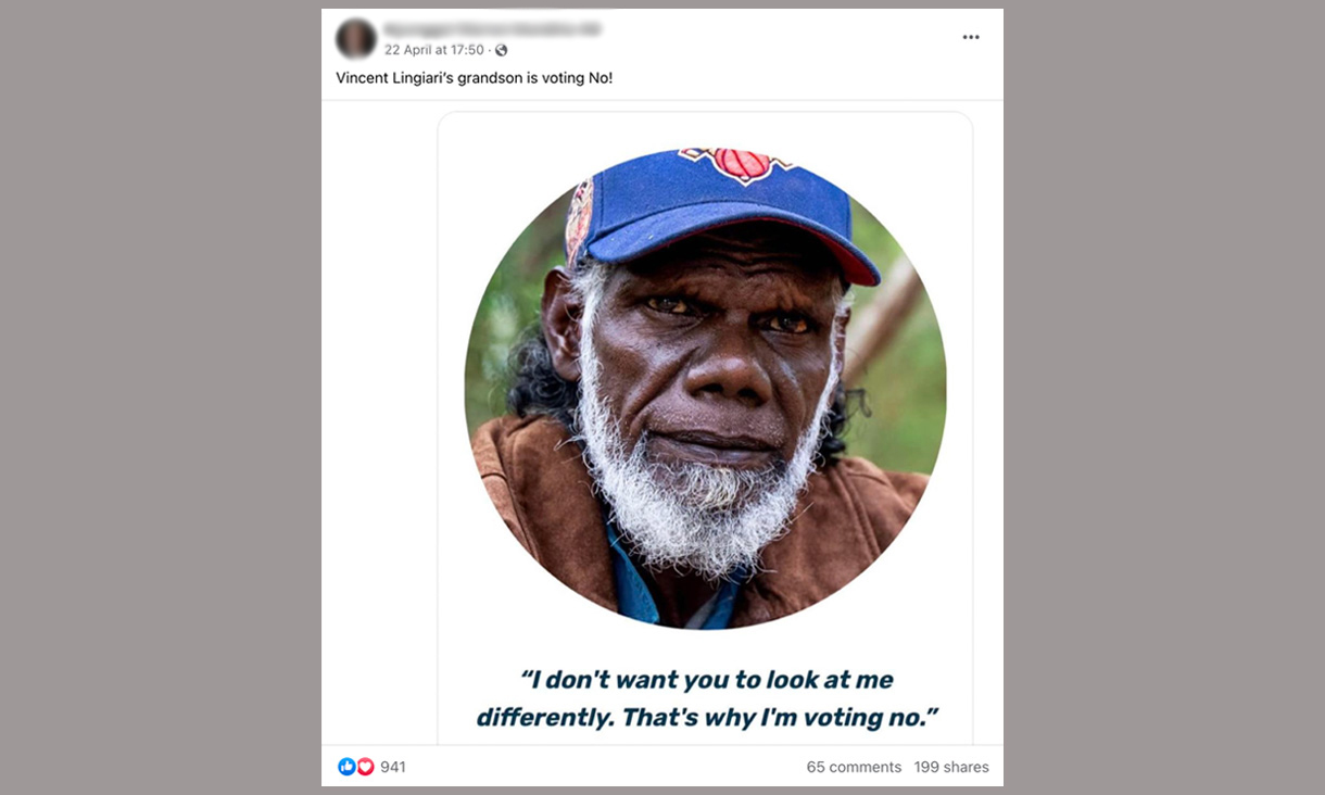 Stewart Lingiari with blue cap and brown jacket on Warren Mundine's Facebook post with quote