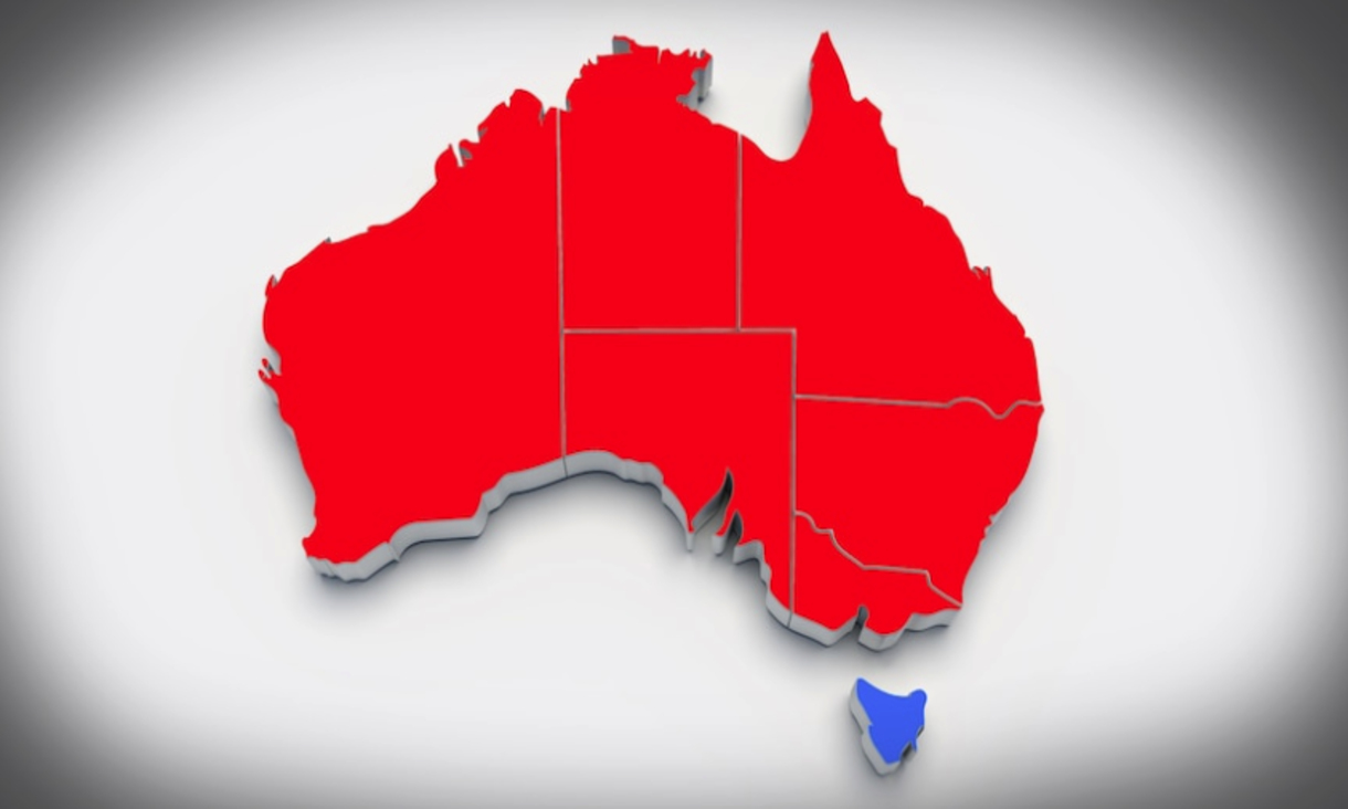 graphic showing map of Australia with mainland states in red and Tasmania in blue