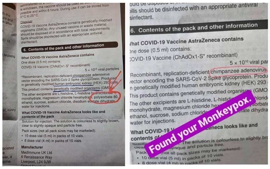 two Facebook posts showing list of AstraZeneca ingredients with annotations