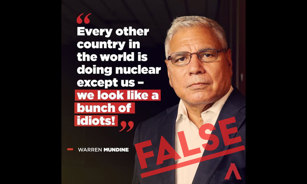 Warren Mundine headshot with quote: "Every other country in the world is doing nuclear except us - we look like a bunch of idiots!"