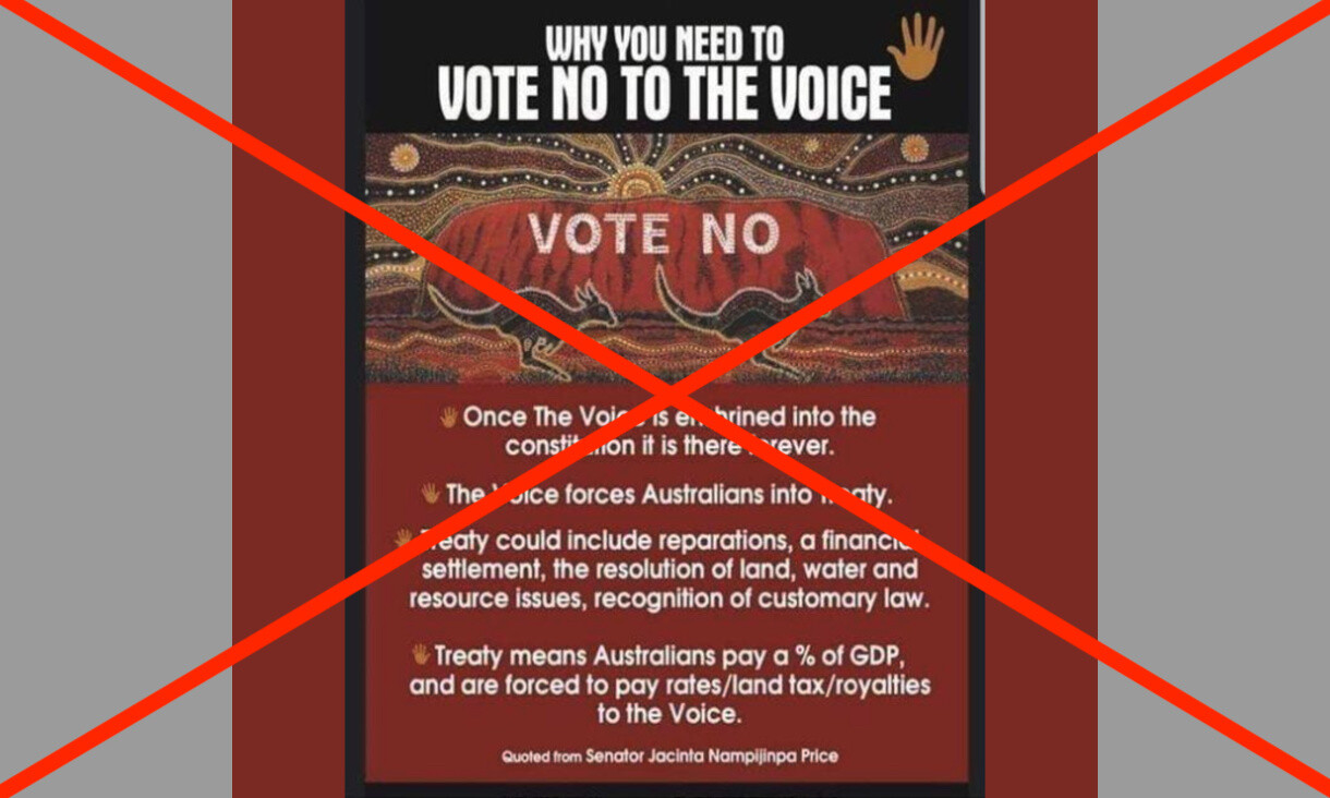 brown Vote No to the Voice pamphlet with digitally altered image of Aboriginal artwork