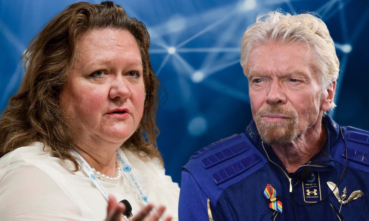 montage headshot images of business billionaires Gina Rinehart in white blouse and Richard Branson in a blue jacket against a blue background.