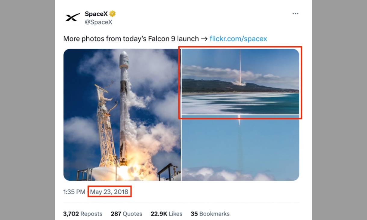 A 2018 tweet by SpaceX displaying the image used to falsely claim that the wildfires were caused by a directed energy weapon.