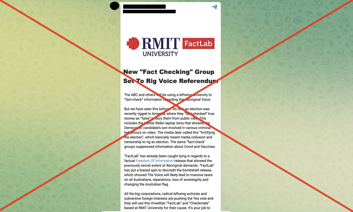 Telegram post on green background wrongly claiming Factlab is set to rig Voice referendum