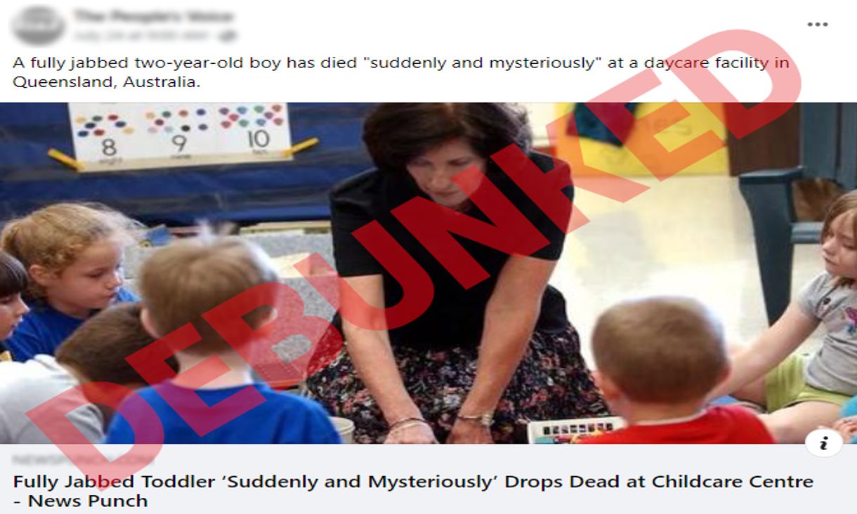 social media post with diagonal red Debunked strap showing photo of teacher with toddlers 