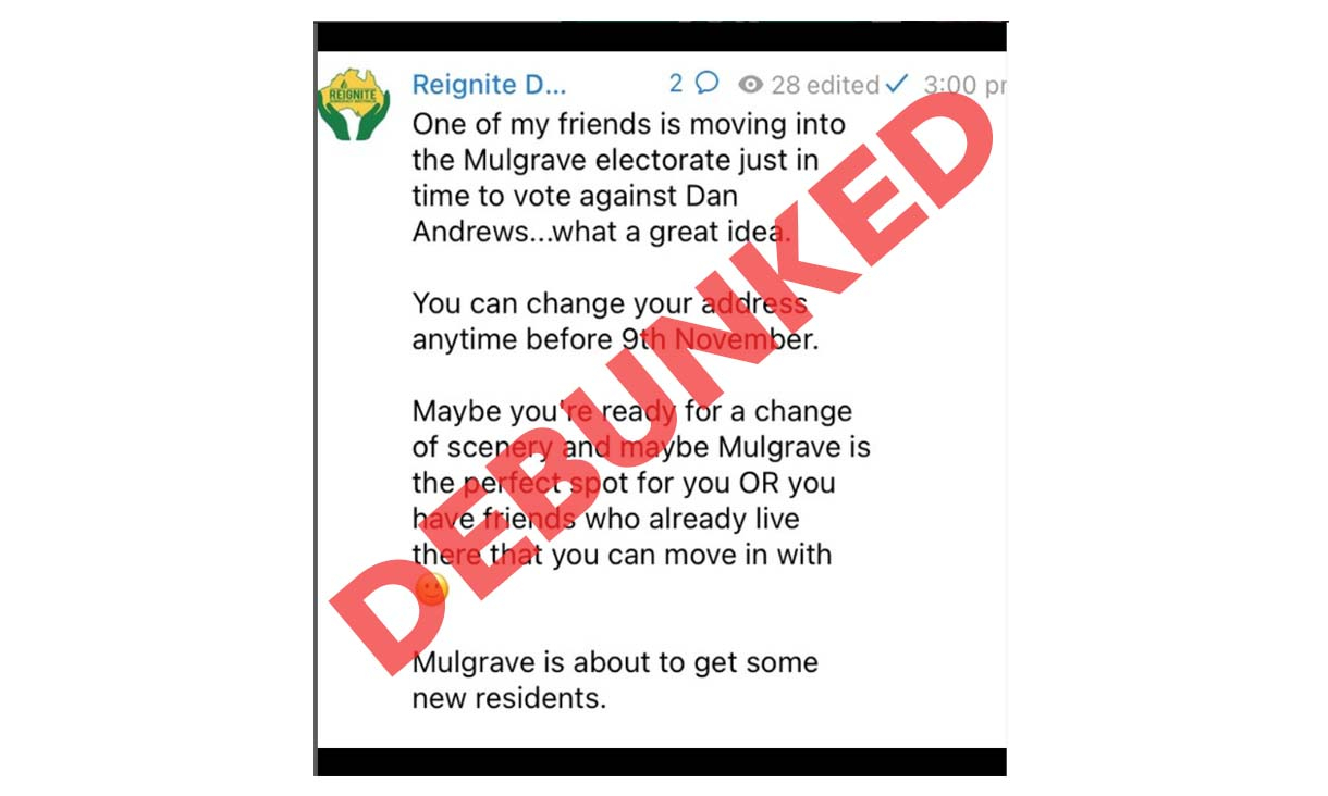 Social media post from Reignite Democracy Australia with red debunked strap across it