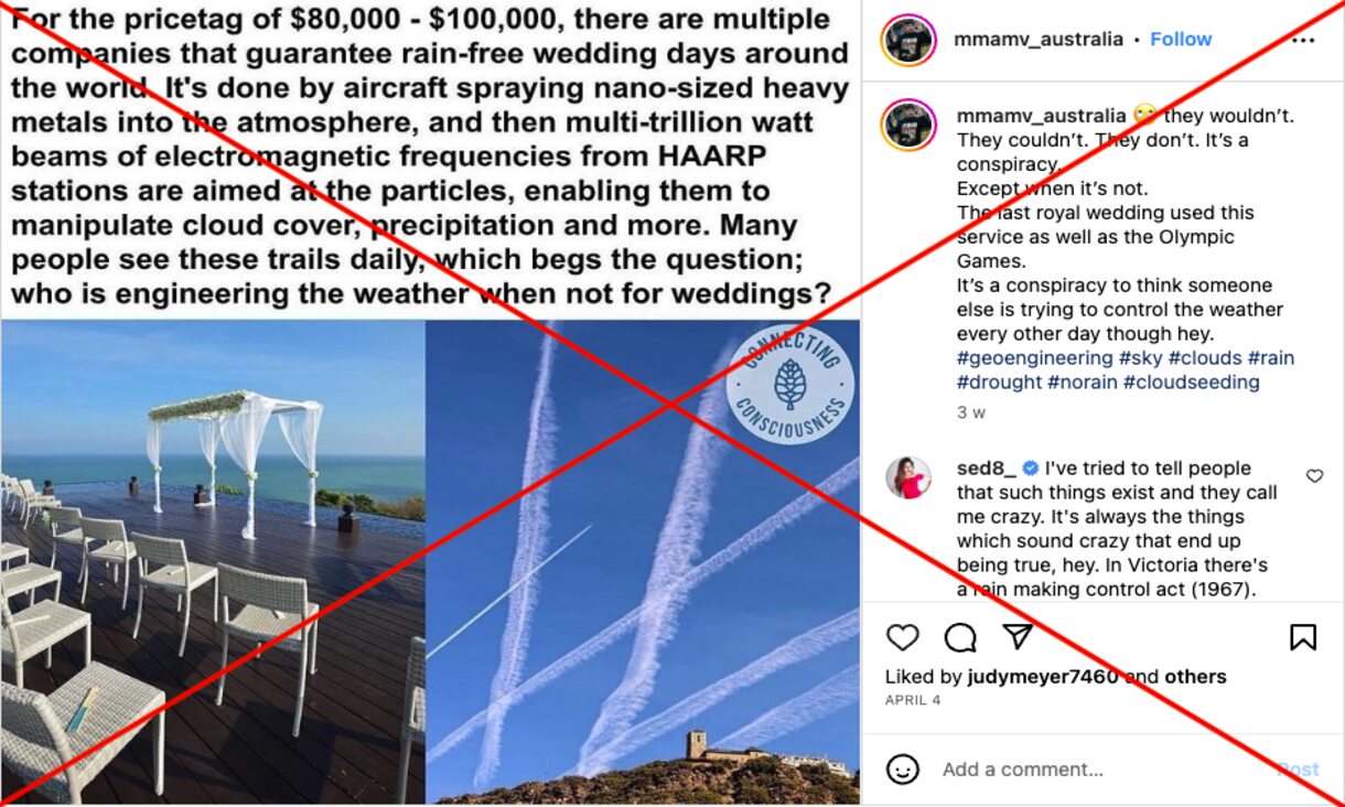 Instagram post with text and photos of contrails and chairs on beach