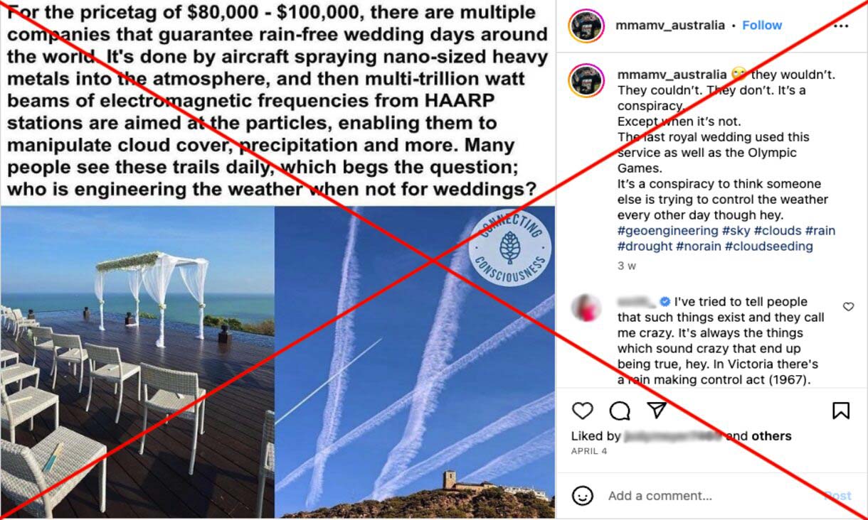 Facebook post with text and picture of blue sky with plane trails and scene of wedding preparations on beach with red cross through image