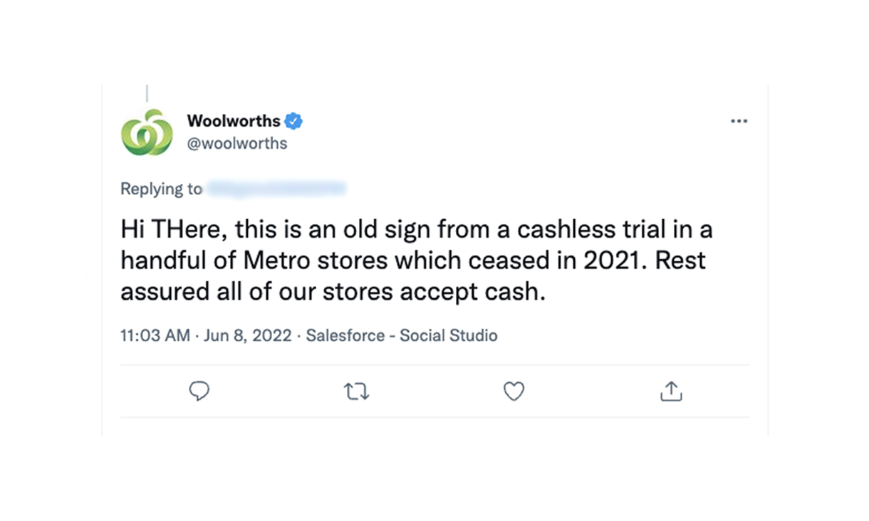 A Woolworths tweet showing Woolworths logo and blue tick