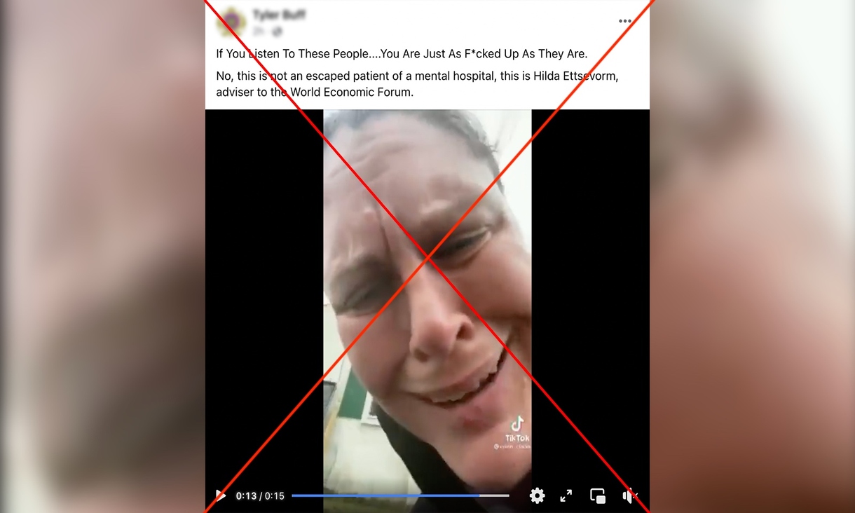 womans grimacing face as captured by Tik Tok app with text above and red cross through the image